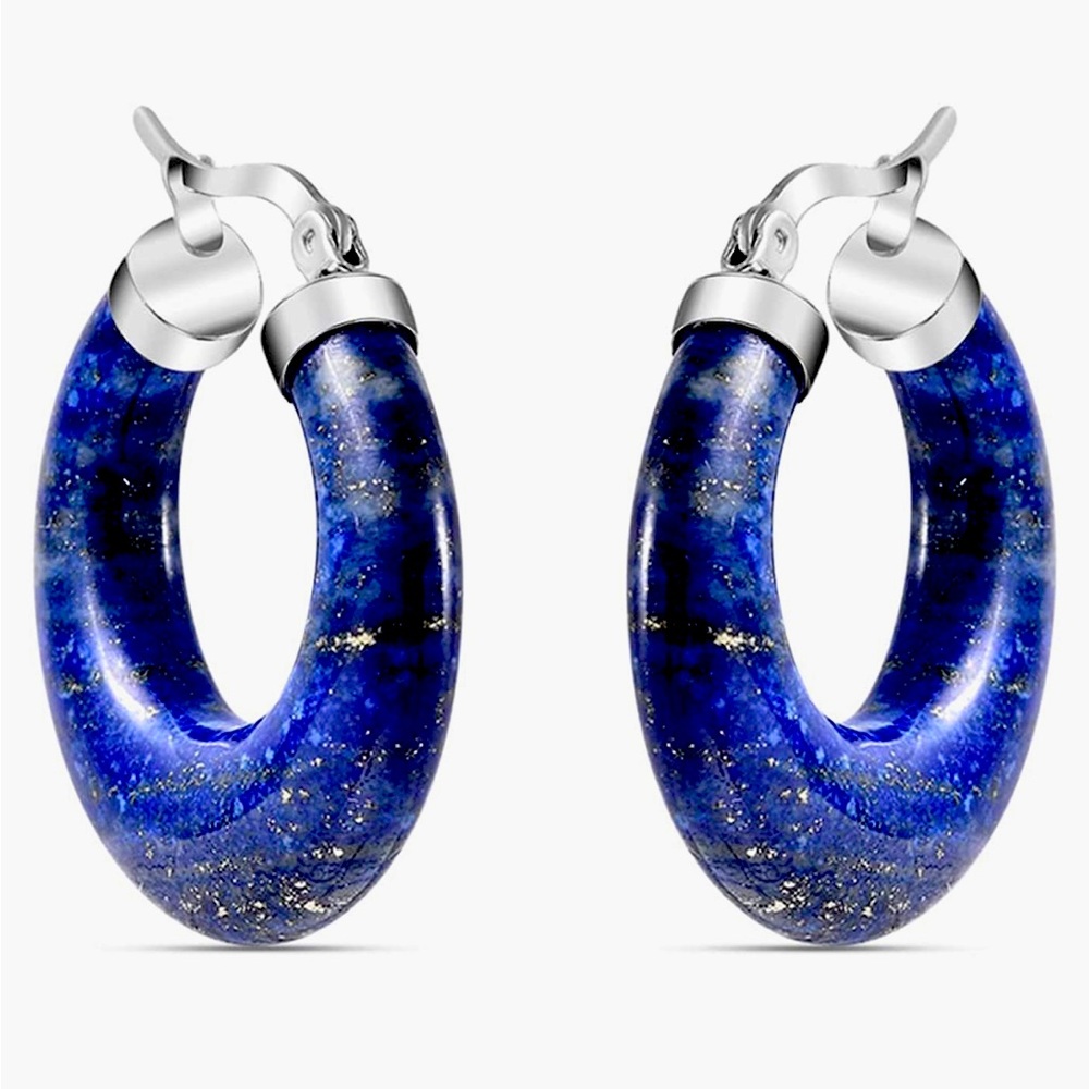 Lapis Hoop Earrings with .925 Silver Clasp